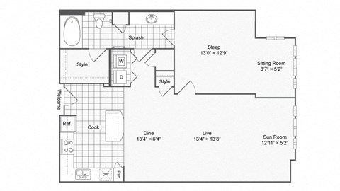 Floor plan for 1 bed, 1 bath, 911 sqft